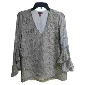 X02  vince camuto gold 3/4 flutter sleeve v neck  criss cross tunic  blouse top